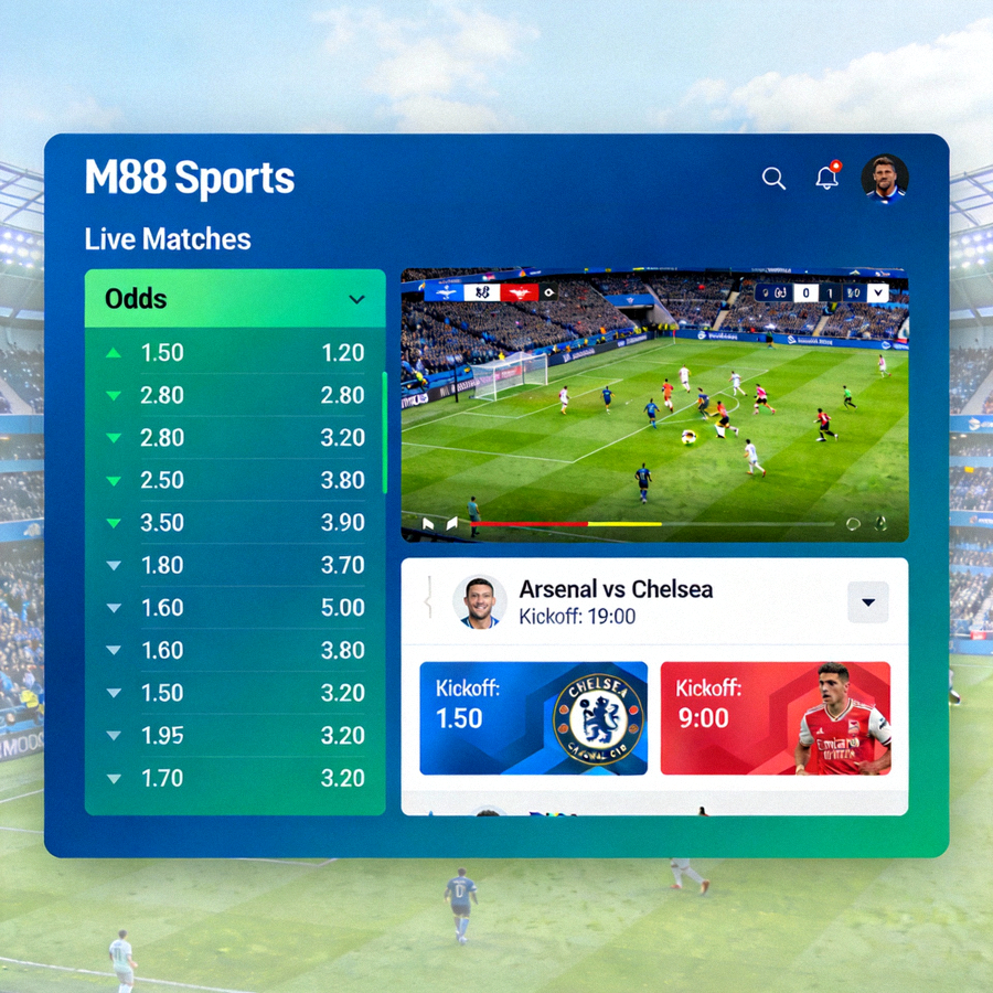 Layar taruhan olahraga M88 Sports dengan odds dan pertandingan live